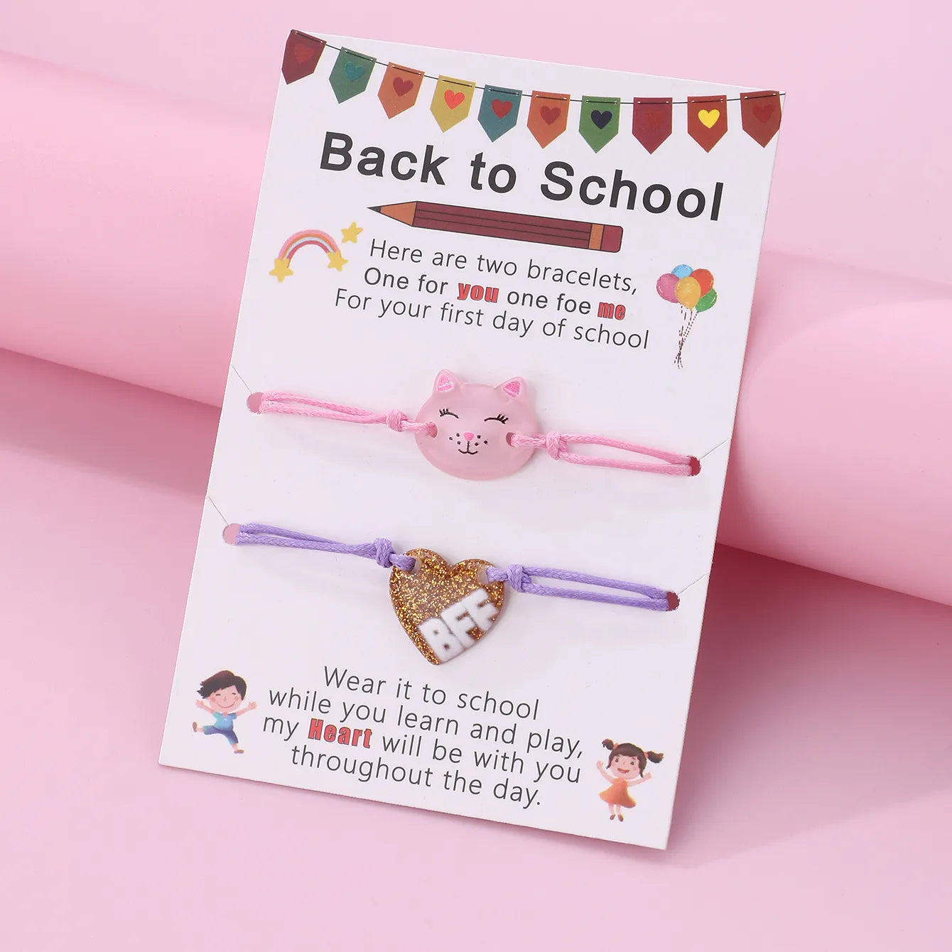 Lot de 2 Bracelets D'amitié Cordon Réglable avec Carte - Back to School - Chat Coeur - BFF - Best Friends Forever - Amitié - Fantaisie
