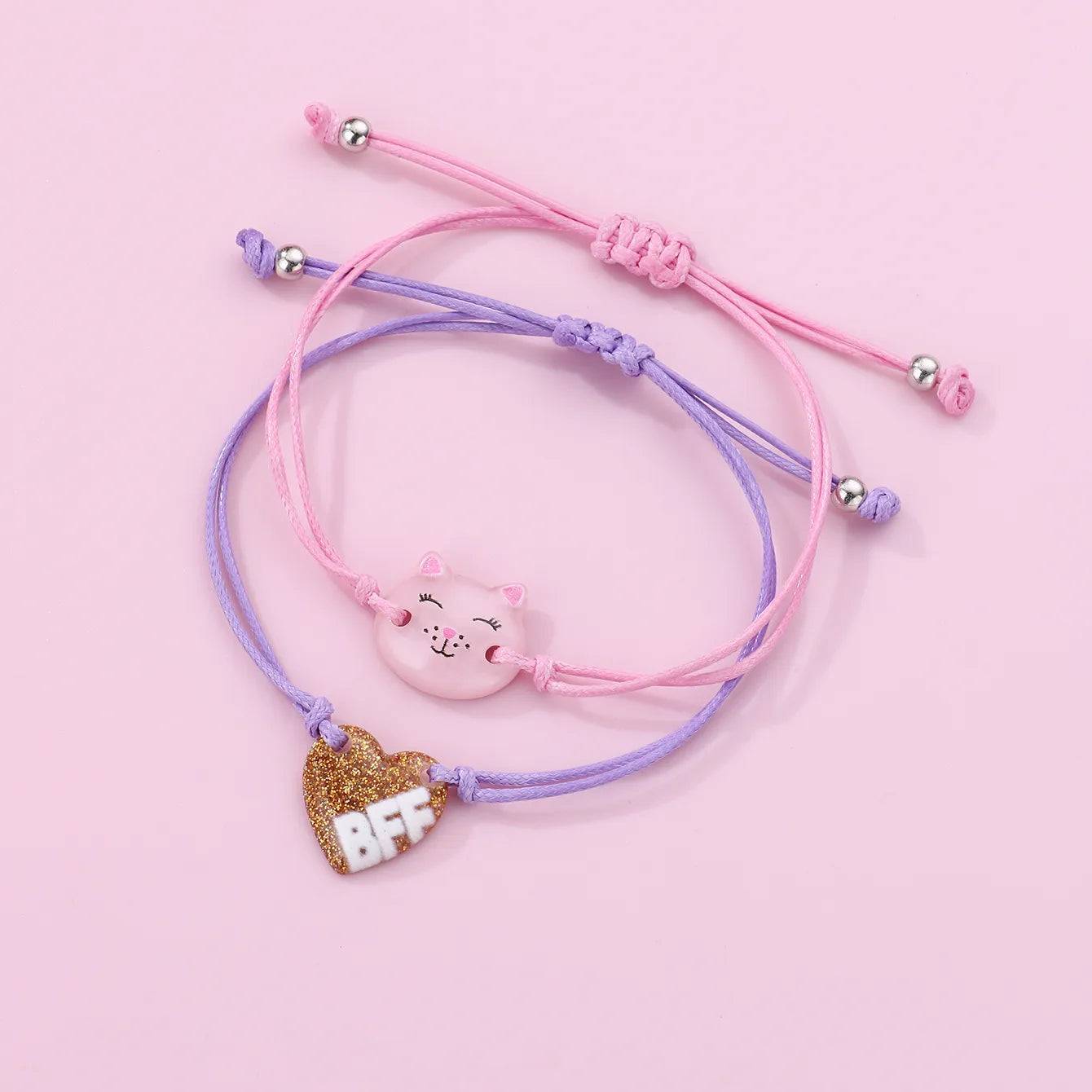 Lot de 2 Bracelets D'amitié Cordon Réglable avec Carte - Back to School - Chat Coeur - BFF - Best Friends Forever - Amitié - Fantaisie