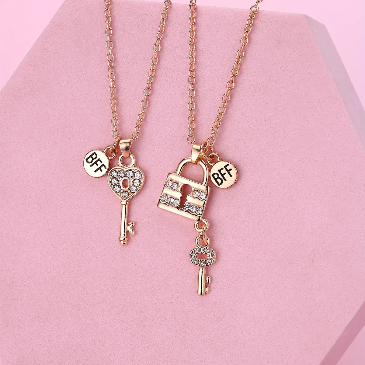 Set of 2 Friendship Necklace Chains - Heart Key Padlock - BFF Best Friends Forever - Pendant - Lovers Couple Silver & Black