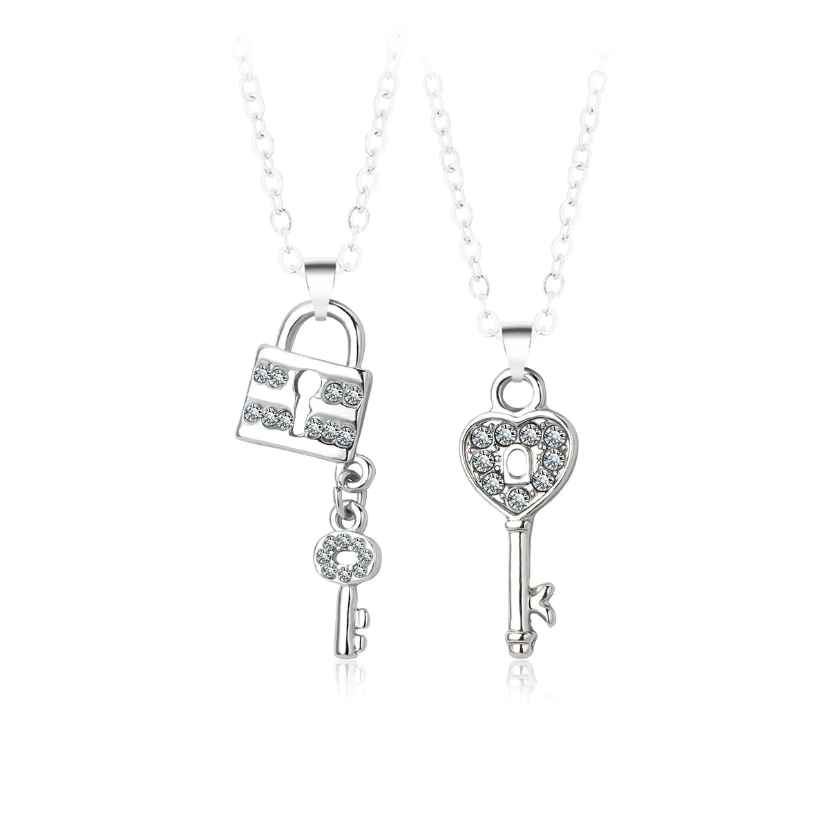 Set of 2 Friendship Necklace Chains - Heart Key Padlock - BFF Best Friends Forever - Pendant - Lovers Couple Silver & Black
