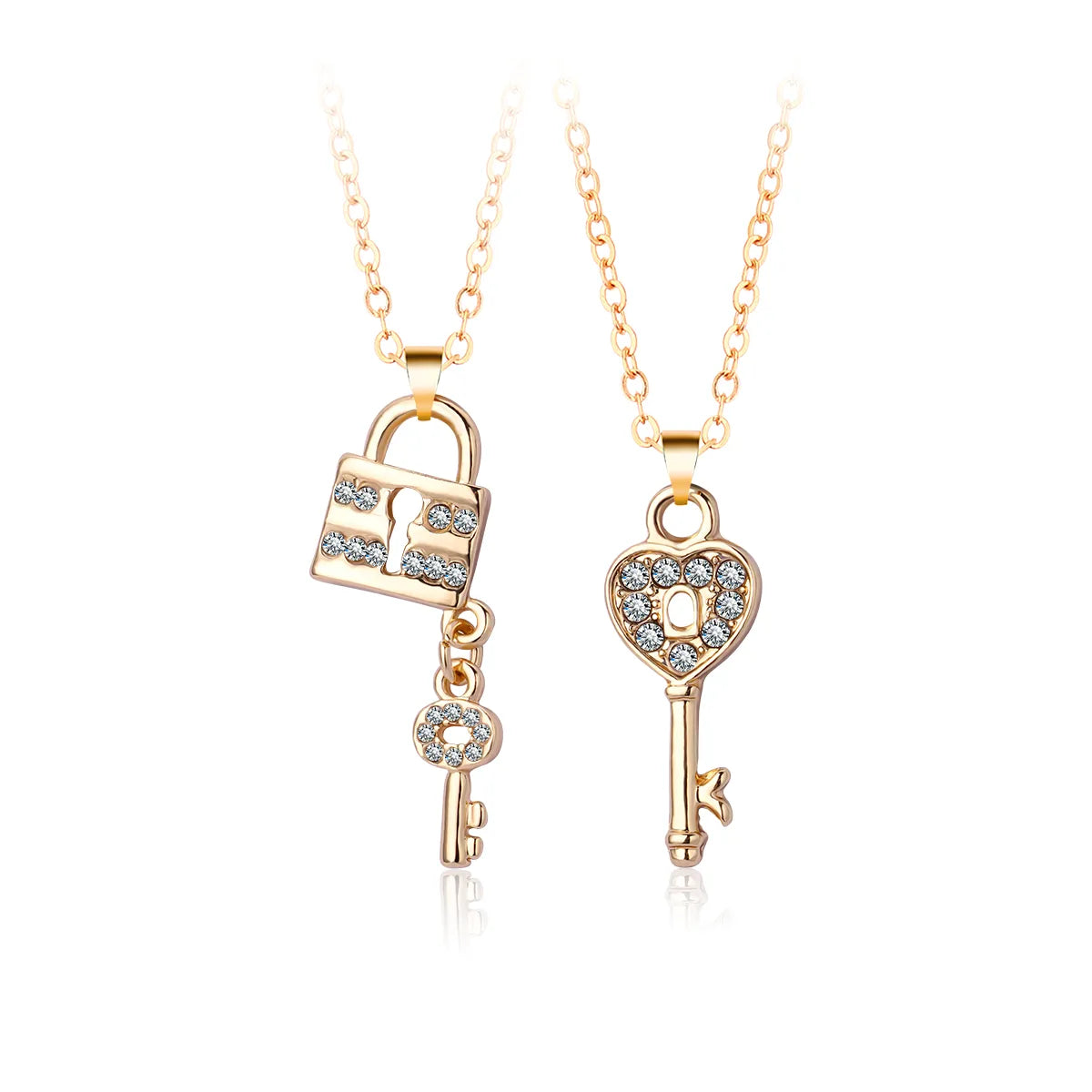 Set of 2 Friendship Necklace Chains - Heart Key Padlock - BFF Best Friends Forever - Pendant - Lovers Couple Silver & Black
