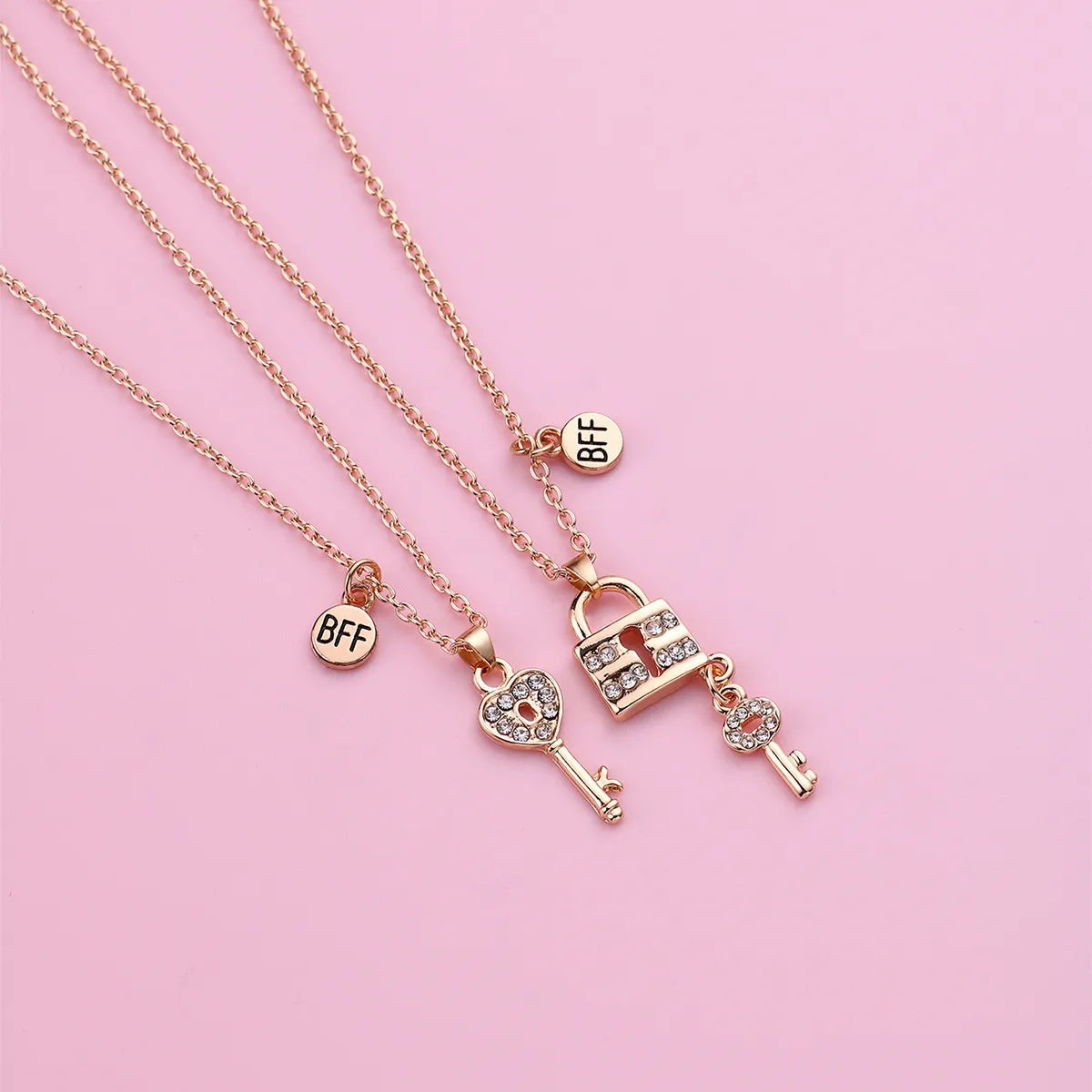 Set of 2 Friendship Necklace Chains - Heart Key Padlock - BFF Best Friends Forever - Pendant - Lovers Couple Silver & Black