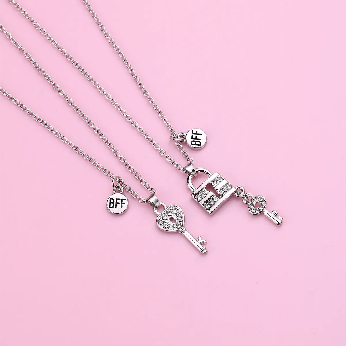 Set of 2 Friendship Necklace Chains - Heart Key Padlock - BFF Best Friends Forever - Pendant - Lovers Couple Silver & Black