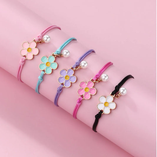 Lot de 5 Bracelets Cordon Réglable avec Carte - Fleur Marguerite Coloré avec Perle - Mignon A partager
