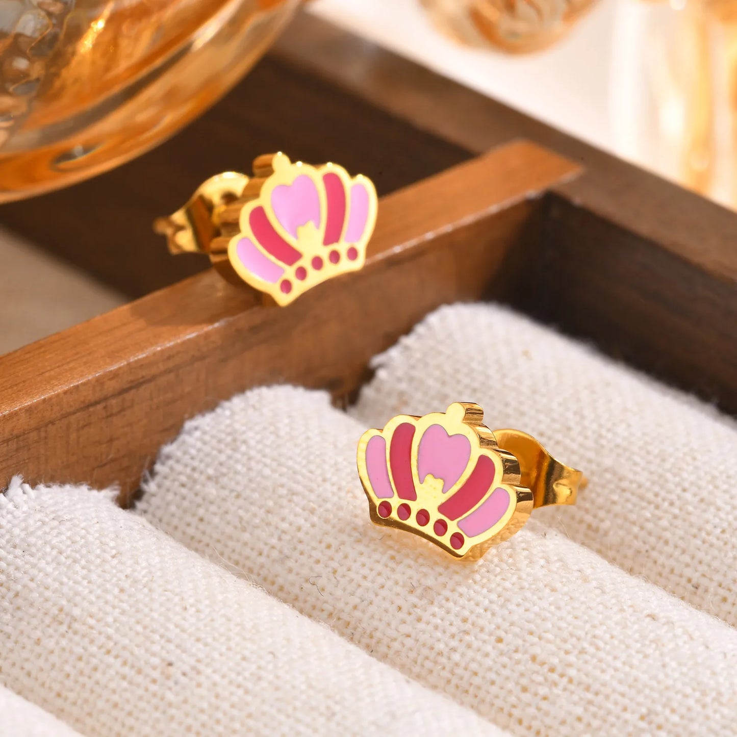 Boucles Oreilles - Papillon Fleur Couronne Coeur - Mignon - Acier Inoxydable Doré - Clous d'Oreilles