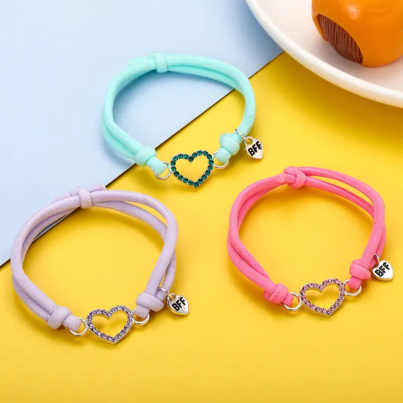 Lot de 3 Bracelets Cordon Elastique pour Enfant - Coeur - Rose Violet Vert d'Eau - Mignon
