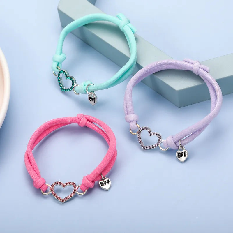 Lot de 3 Bracelets Cordon Elastique pour Enfant - Coeur - Rose Violet Vert d'Eau - Mignon