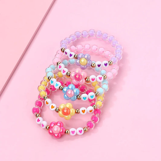 Lot de 5 Bracelets Elastique avec Carte - Fleur Marguerite Coloré avec Perle Coeur - Mignon A partager