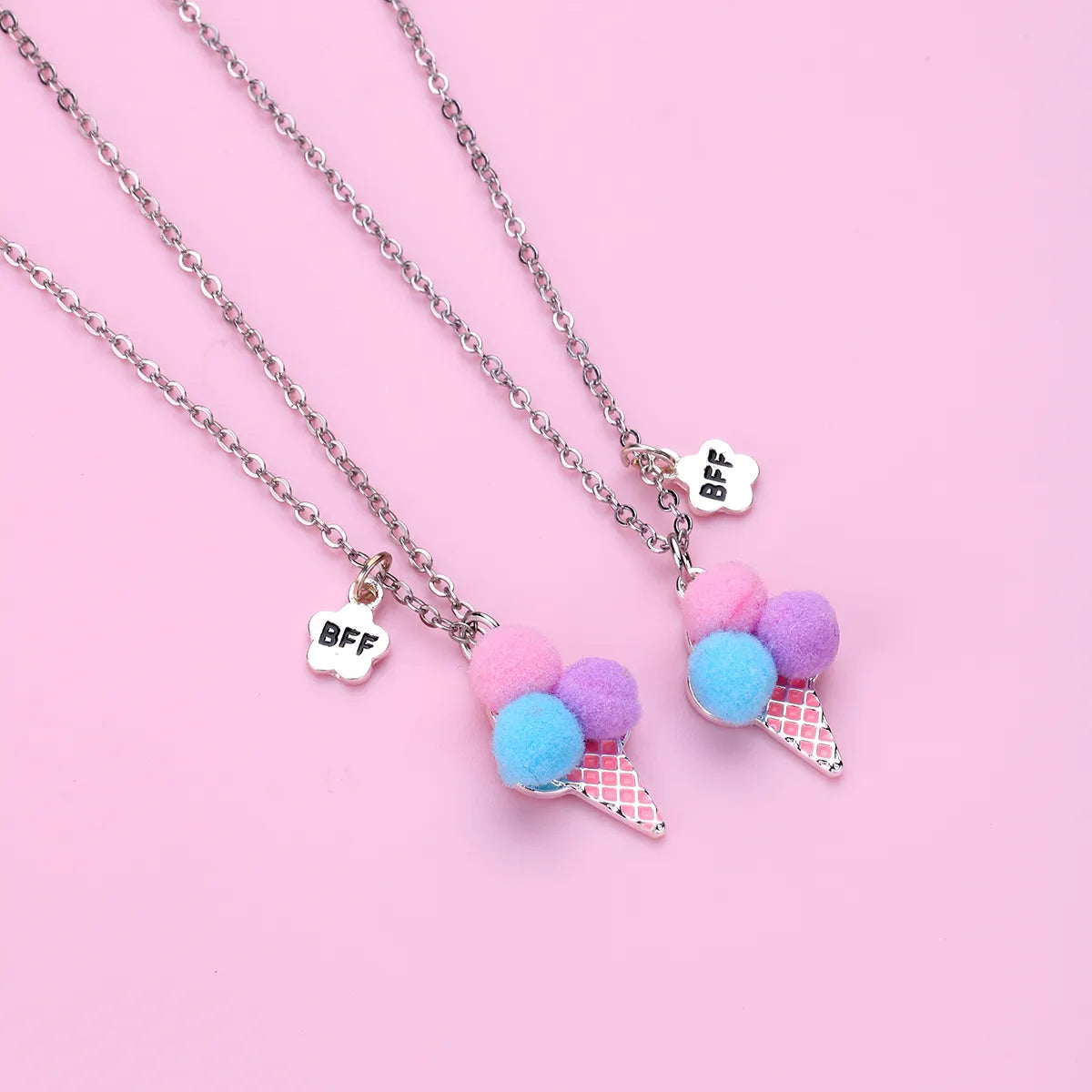 Lot de 2 Colliers D'amitié - Glace Boules Pompon - BFF - Best Friends Forever - Fantaisie - Pendentif Doré Argenté - Amitié - Mignon