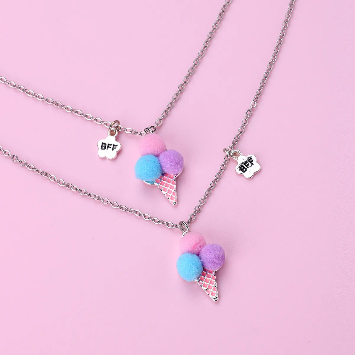Lot de 2 Colliers D'amitié - Glace Boules Pompon - BFF - Best Friends Forever - Fantaisie - Pendentif Doré Argenté - Amitié - Mignon
