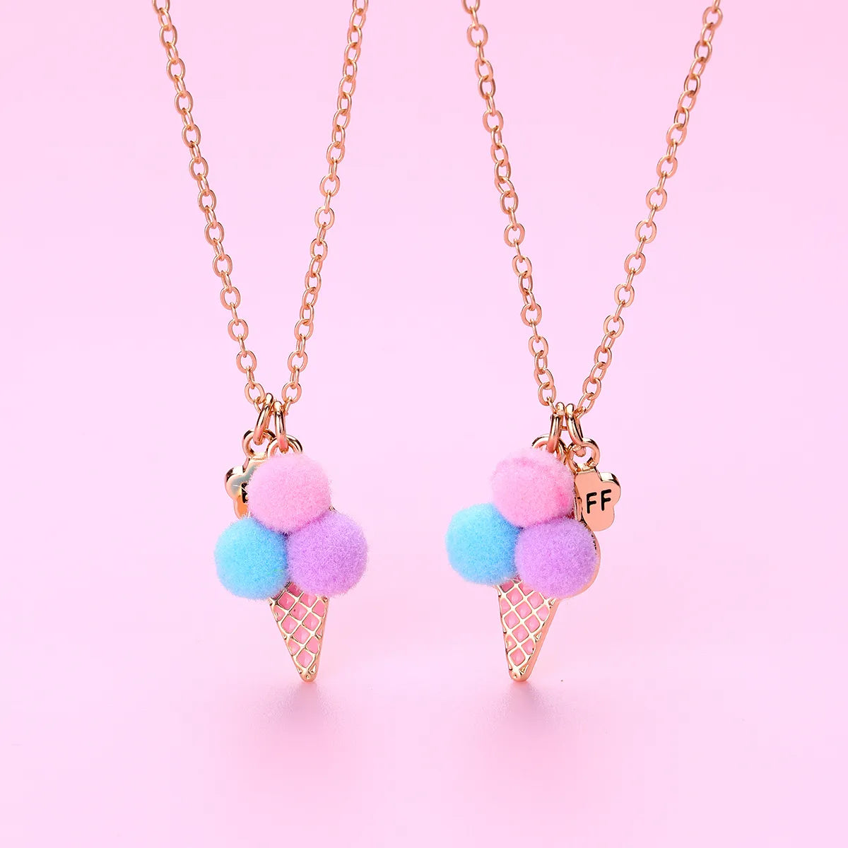 Lot de 2 Colliers D'amitié - Glace Boules Pompon - BFF - Best Friends Forever - Fantaisie - Pendentif Doré Argenté - Amitié - Mignon