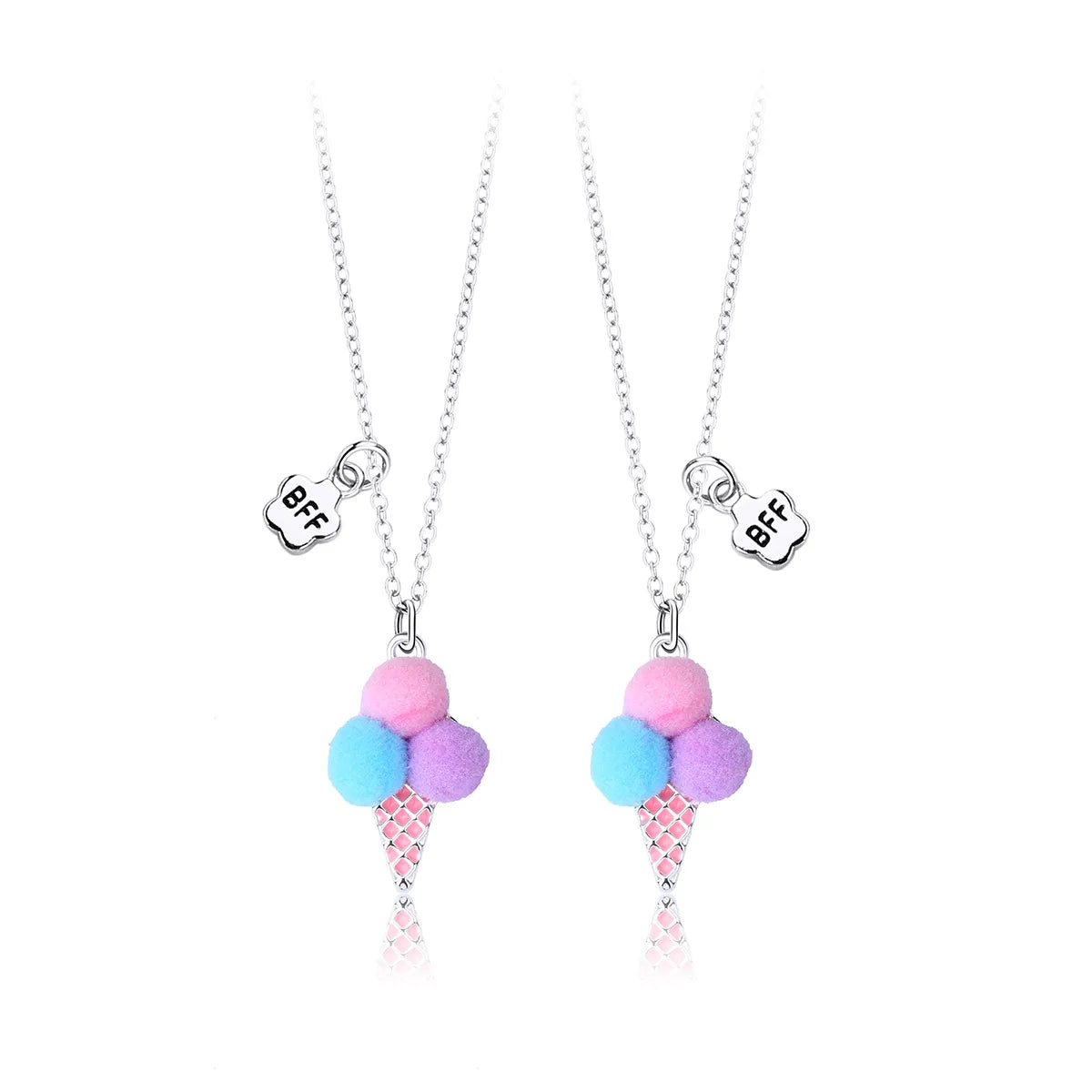 Lot de 2 Colliers D'amitié - Glace Boules Pompon - BFF - Best Friends Forever - Fantaisie - Pendentif Doré Argenté - Amitié - Mignon
