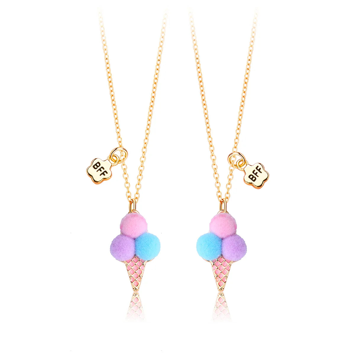Lot de 2 Colliers D'amitié - Glace Boules Pompon - BFF - Best Friends Forever - Fantaisie - Pendentif Doré Argenté - Amitié - Mignon