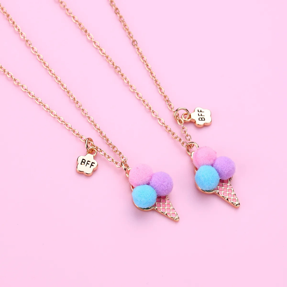 Lot de 2 Colliers D'amitié - Glace Boules Pompon - BFF - Best Friends Forever - Fantaisie - Pendentif Doré Argenté - Amitié - Mignon