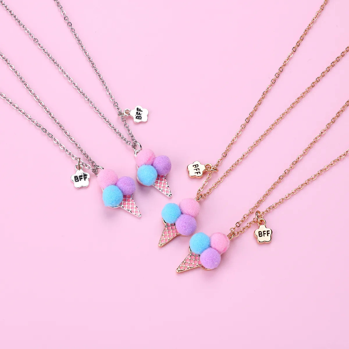 Lot de 2 Colliers D'amitié - Glace Boules Pompon - BFF - Best Friends Forever - Fantaisie - Pendentif Doré Argenté - Amitié - Mignon