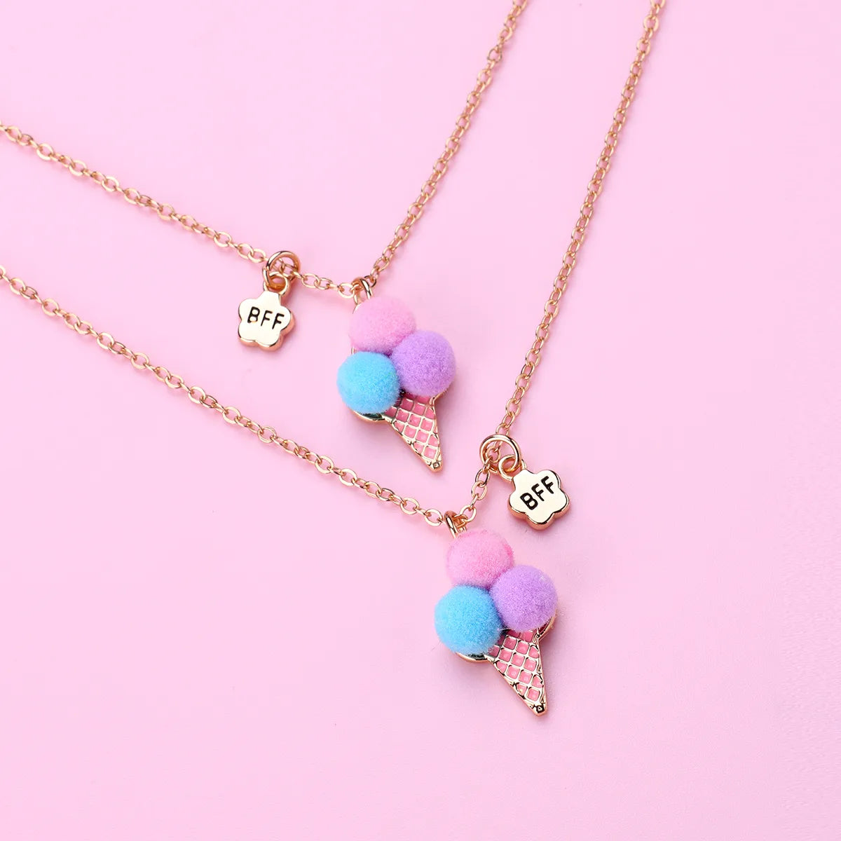 Lot de 2 Colliers D'amitié - Glace Boules Pompon - BFF - Best Friends Forever - Fantaisie - Pendentif Doré Argenté - Amitié - Mignon