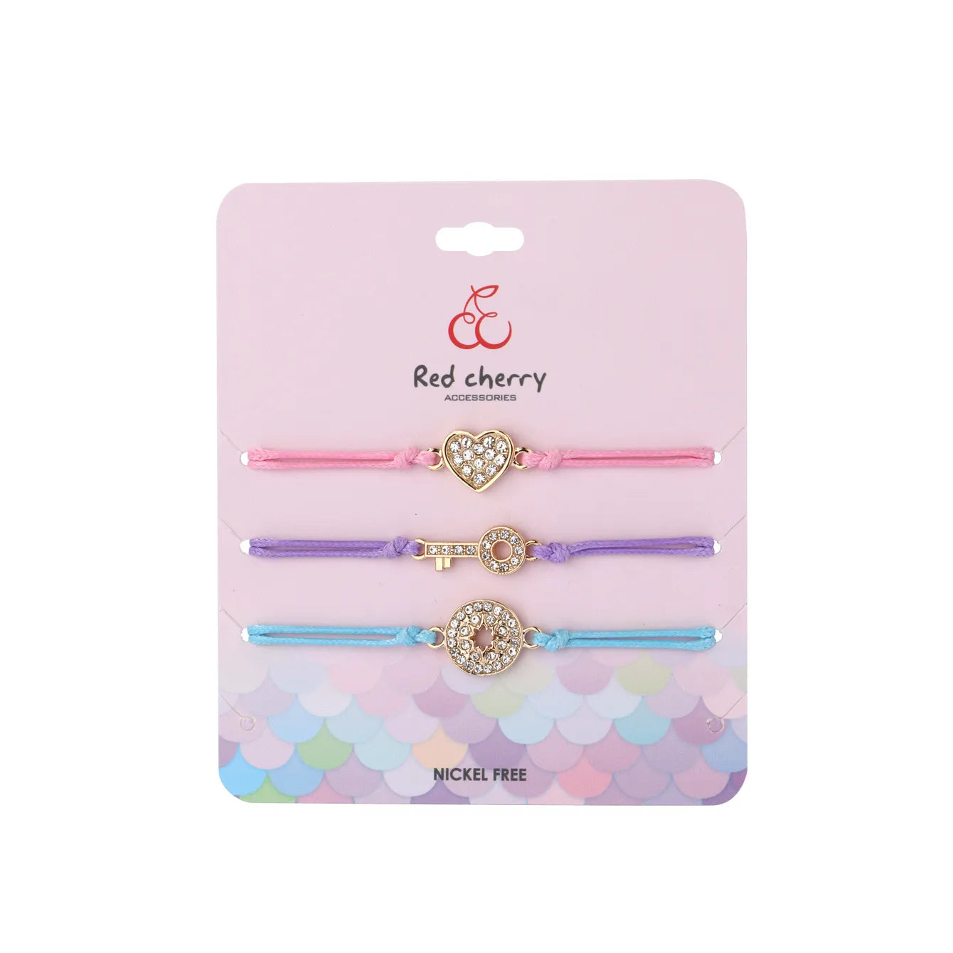 Lot de 3 Bracelets Cordon Réglable avec Carte - Strass Diamants Coeur Love Clé - Mignon