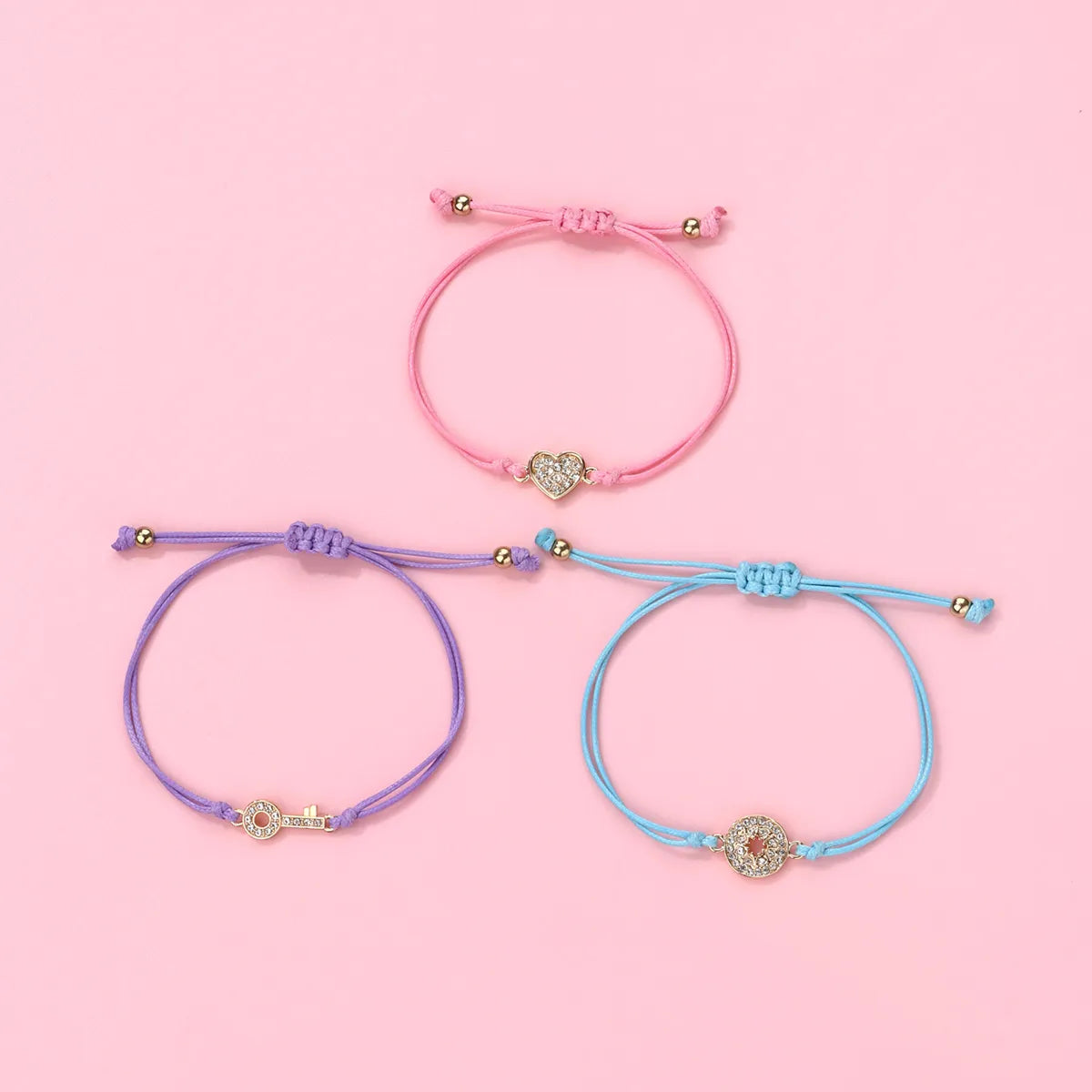 Lot de 3 Bracelets Cordon Réglable avec Carte - Strass Diamants Coeur Love Clé - Mignon