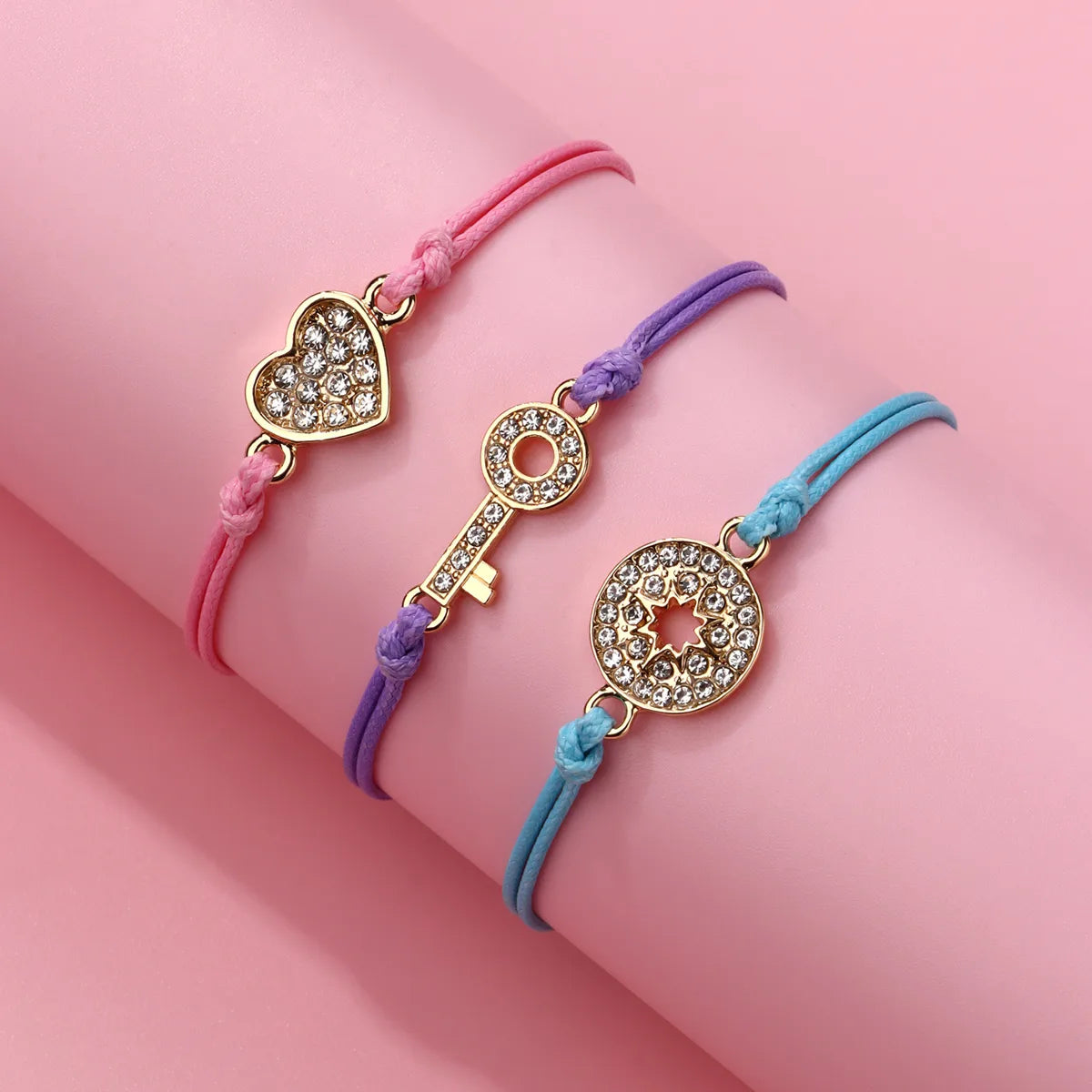 Lot de 3 Bracelets Cordon Réglable avec Carte - Strass Diamants Coeur Love Clé - Mignon