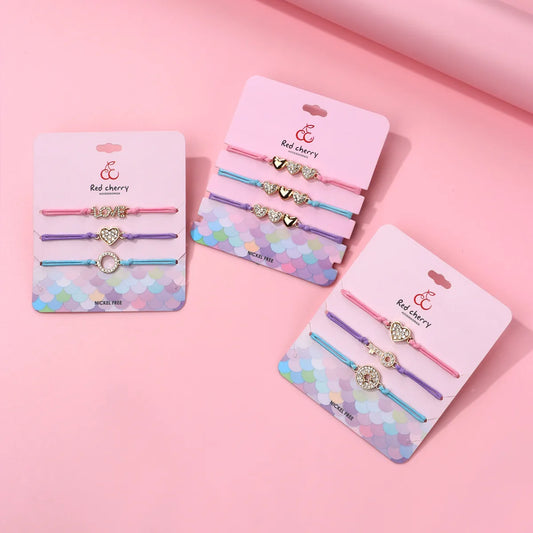 Lot de 3 Bracelets Cordon Réglable avec Carte - Strass Diamants Coeur Love Clé - Mignon