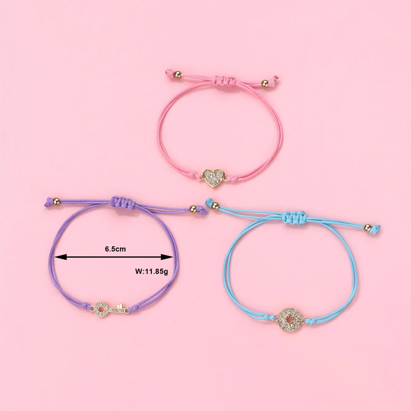 Lot de 3 Bracelets Cordon Réglable avec Carte - Strass Diamants Coeur Love Clé - Mignon