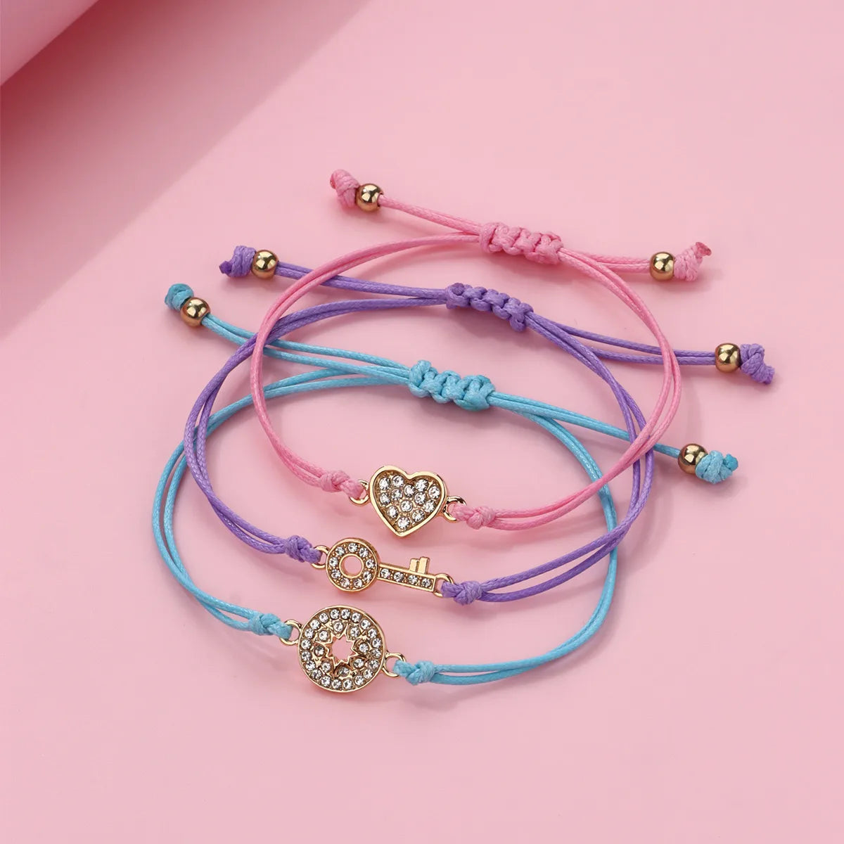 Lot de 3 Bracelets Cordon Réglable avec Carte - Strass Diamants Coeur Love Clé - Mignon