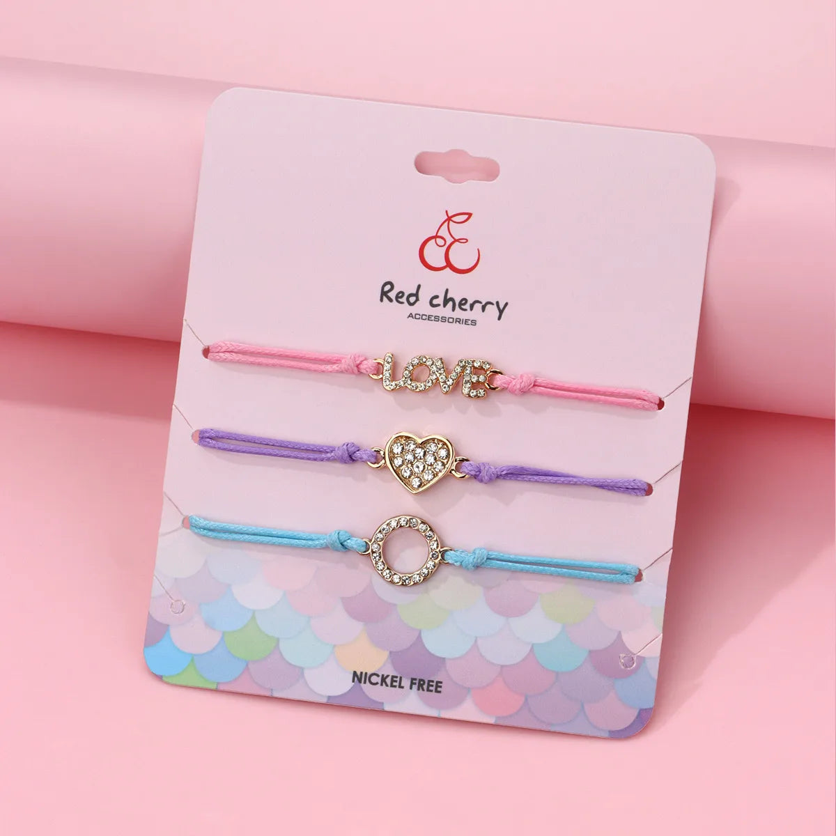 Lot de 3 Bracelets Cordon Réglable avec Carte - Strass Diamants Coeur Love Clé - Mignon