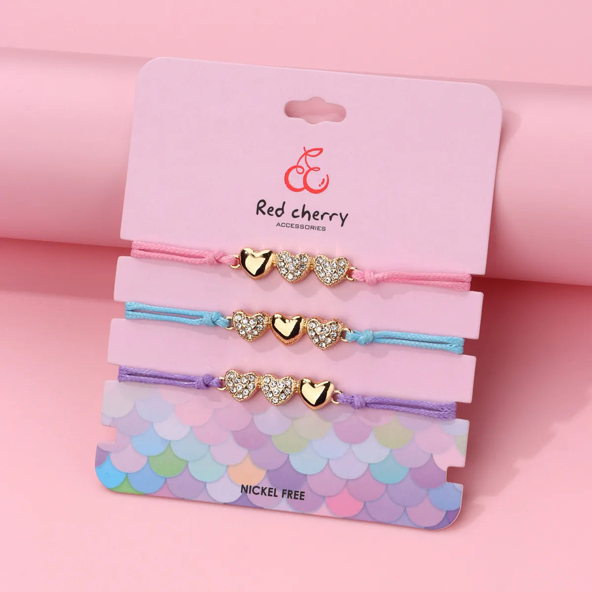 Lot de 3 Bracelets Cordon Réglable avec Carte - Strass Diamants Coeur Love Clé - Mignon