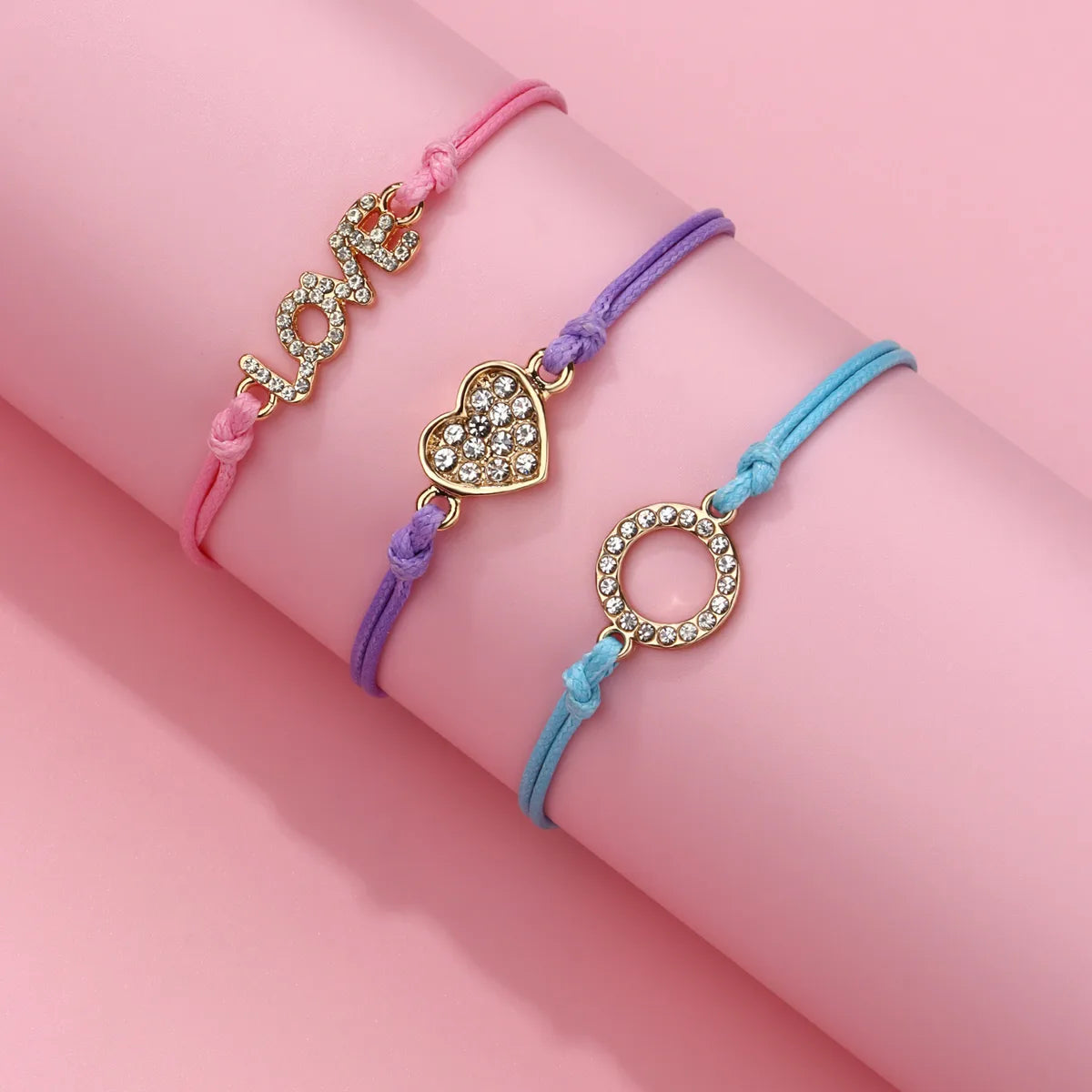 Lot de 3 Bracelets Cordon Réglable avec Carte - Strass Diamants Coeur Love Clé - Mignon