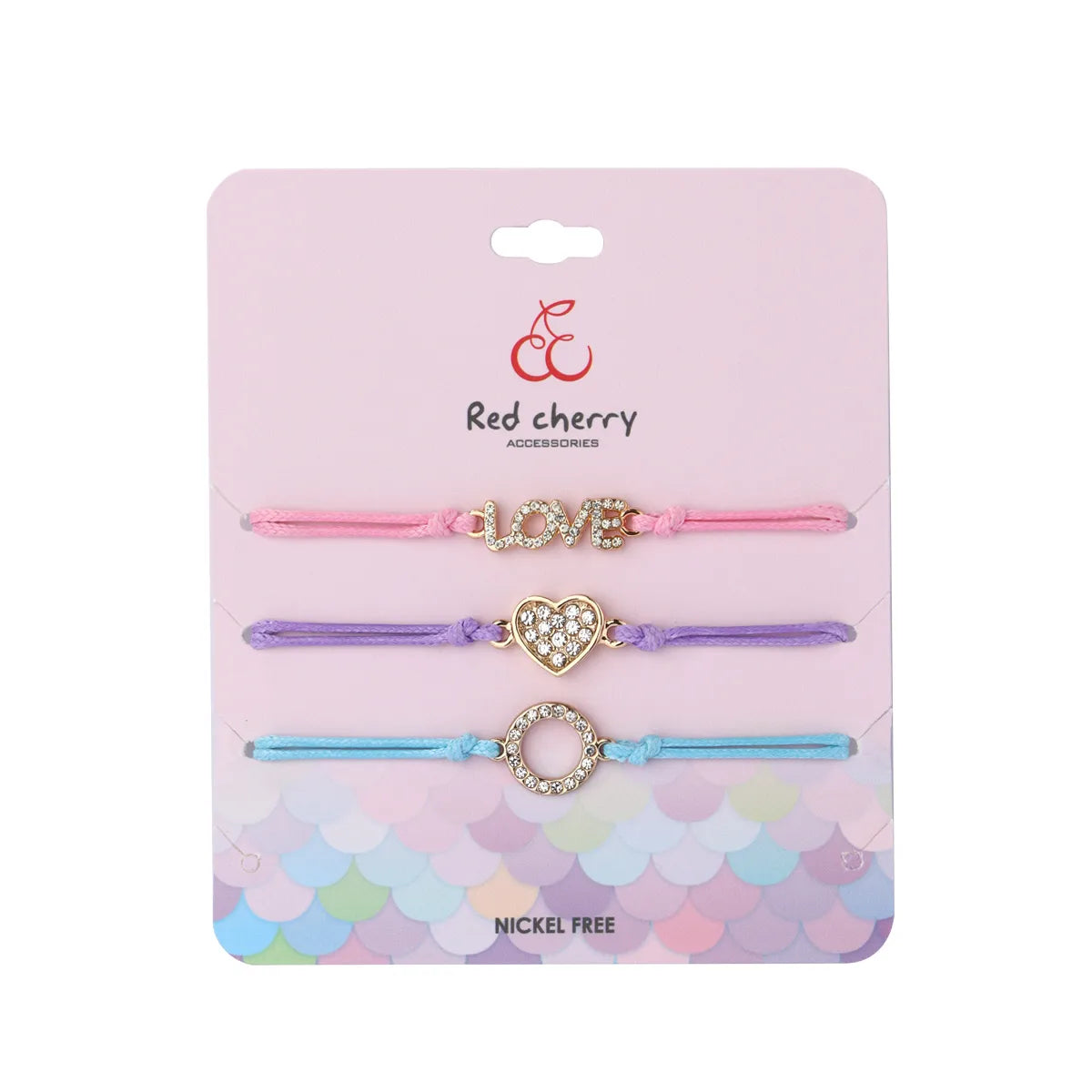 Lot de 3 Bracelets Cordon Réglable avec Carte - Strass Diamants Coeur Love Clé - Mignon