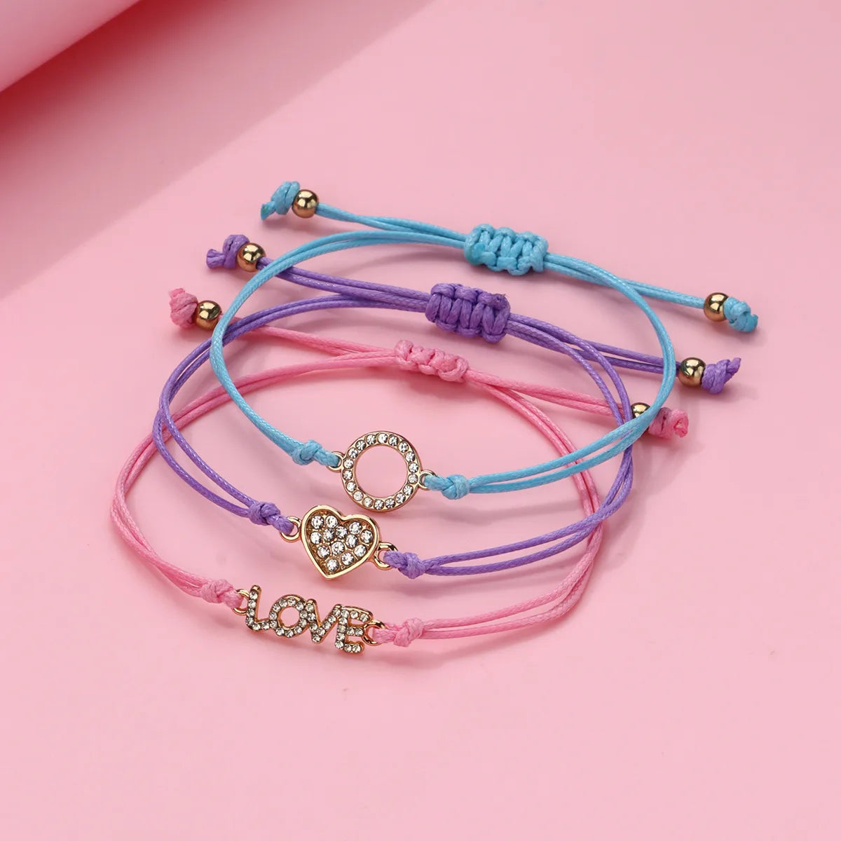 Lot de 3 Bracelets Cordon Réglable avec Carte - Strass Diamants Coeur Love Clé - Mignon