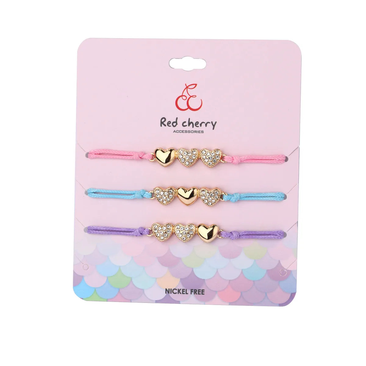 Lot de 3 Bracelets Cordon Réglable avec Carte - Strass Diamants Coeur Love Clé - Mignon