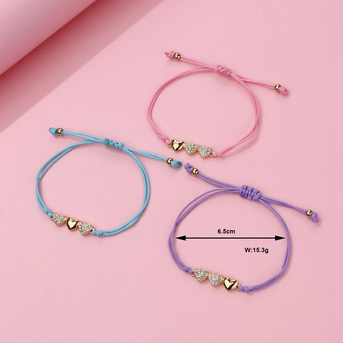Lot de 3 Bracelets Cordon Réglable avec Carte - Strass Diamants Coeur Love Clé - Mignon