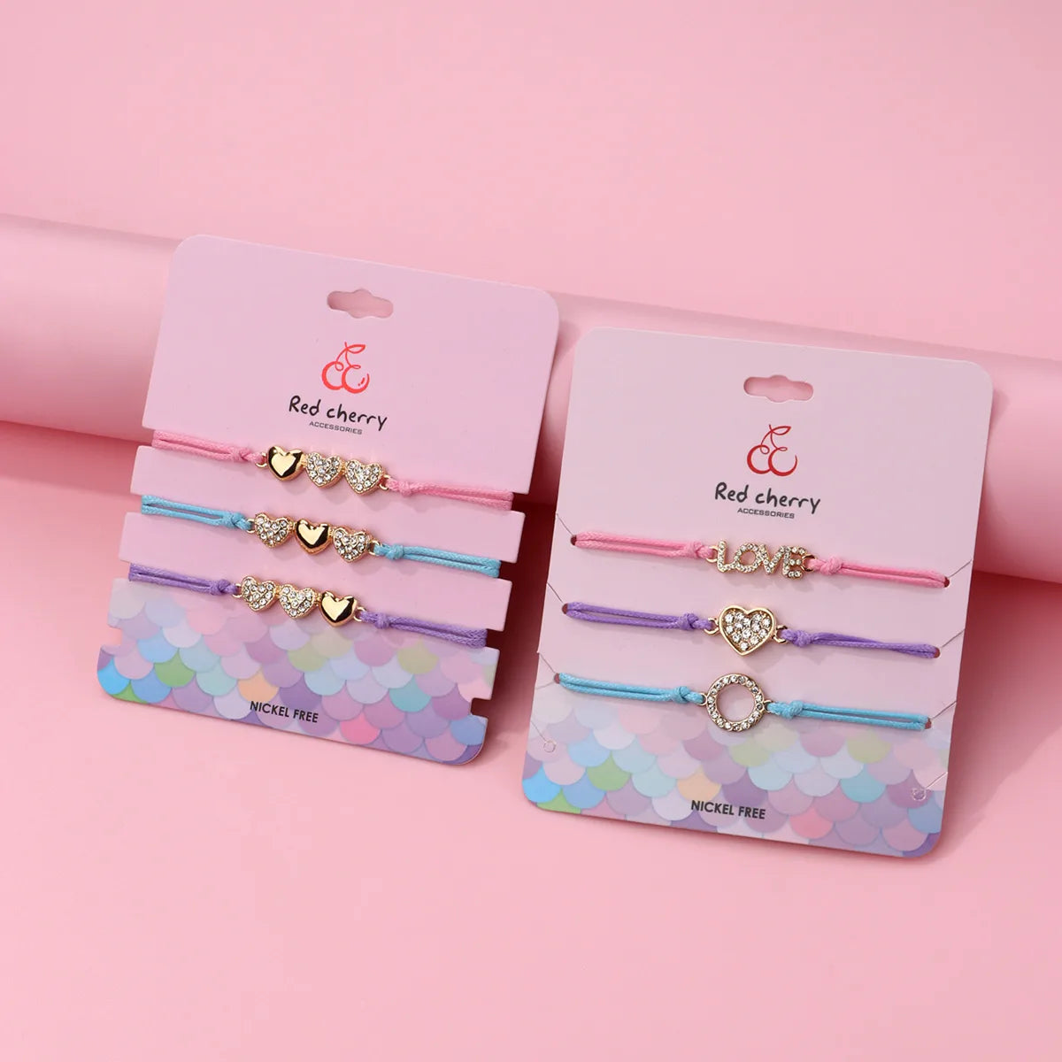 Lot de 3 Bracelets Cordon Réglable avec Carte - Strass Diamants Coeur Love Clé - Mignon