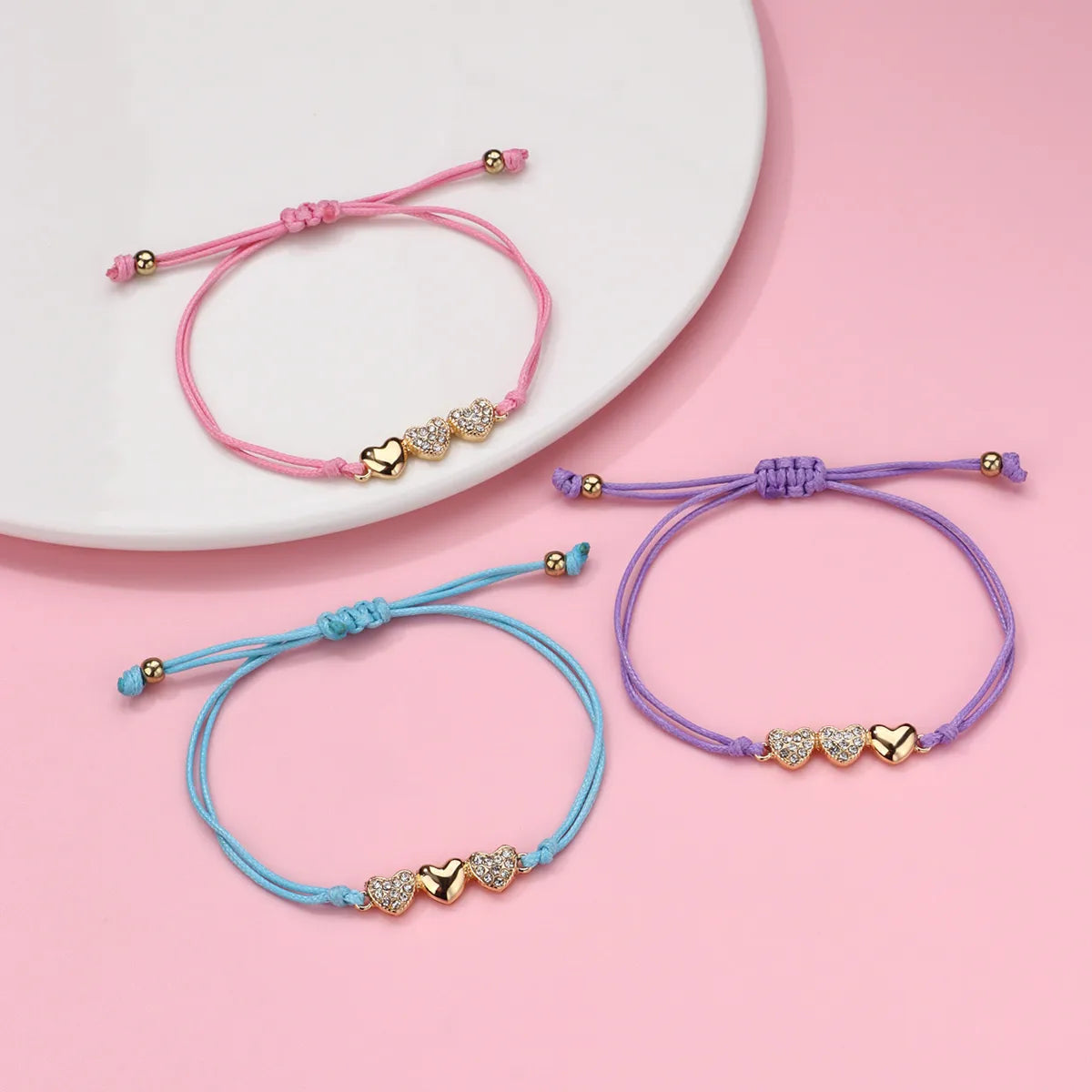 Lot de 3 Bracelets Cordon Réglable avec Carte - Strass Diamants Coeur Love Clé - Mignon