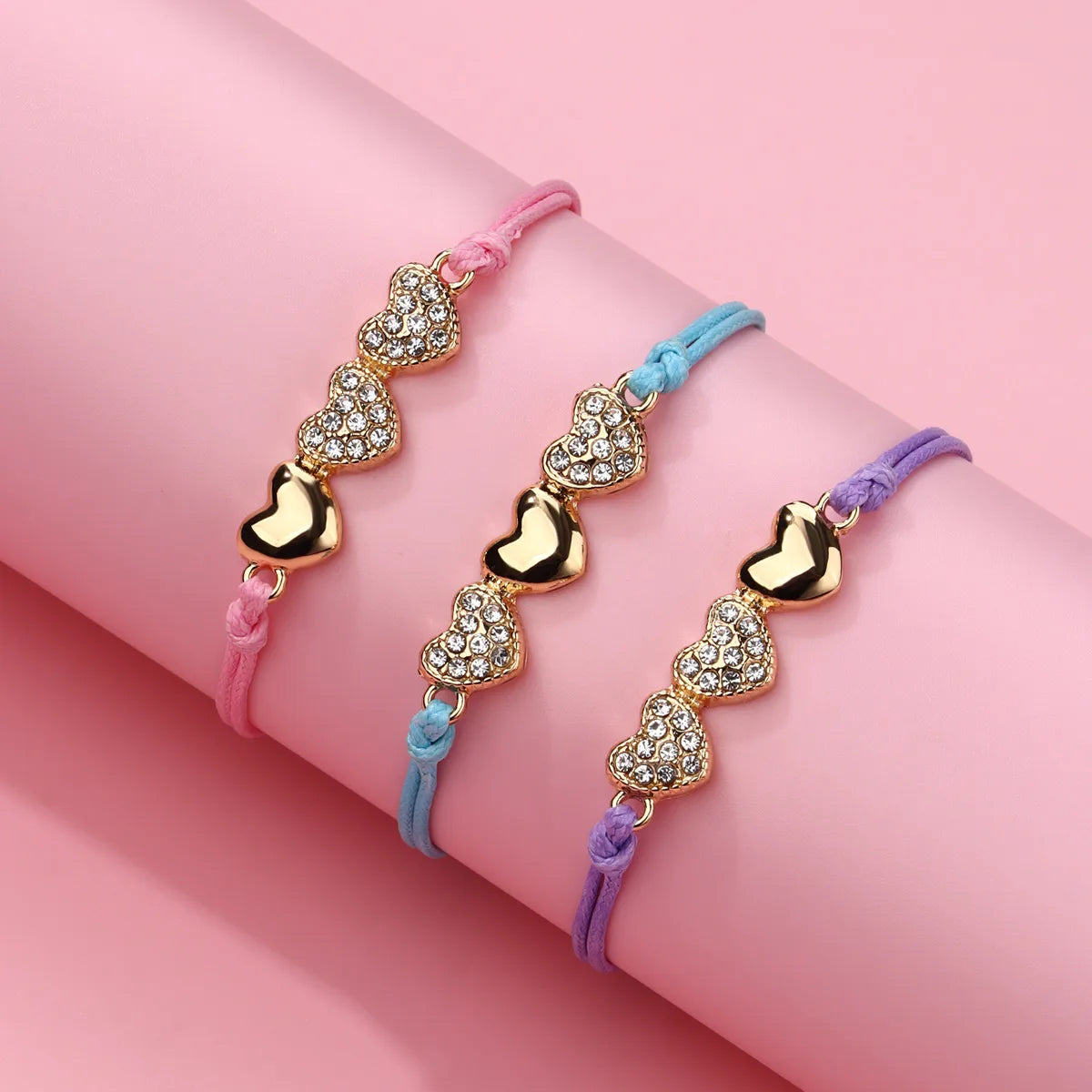 Lot de 3 Bracelets Cordon Réglable avec Carte - Strass Diamants Coeur Love Clé - Mignon
