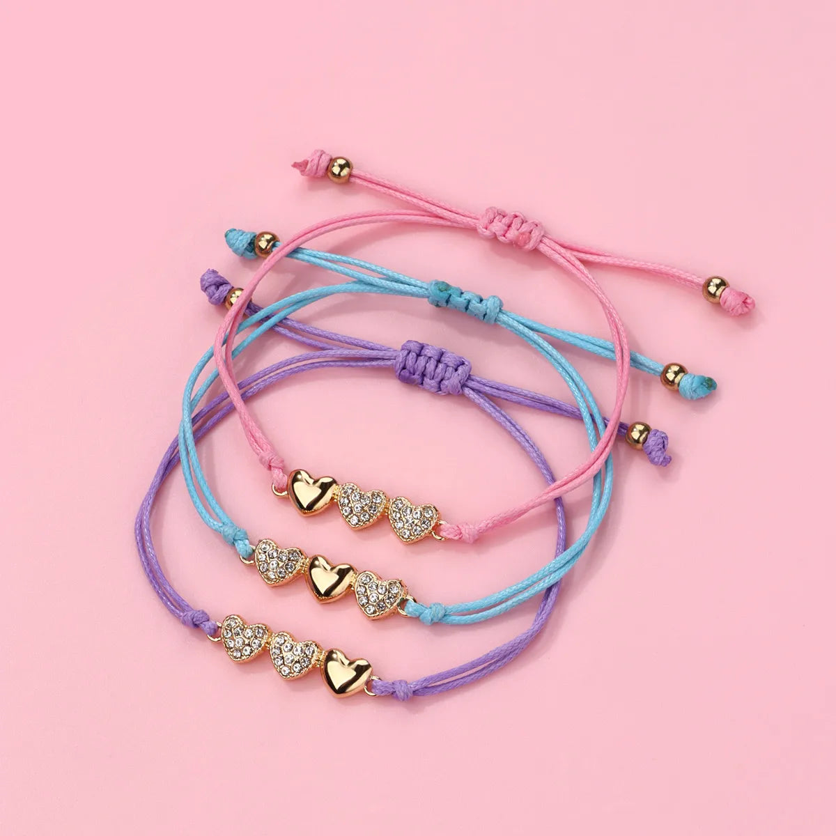 Lot de 3 Bracelets Cordon Réglable avec Carte - Strass Diamants Coeur Love Clé - Mignon