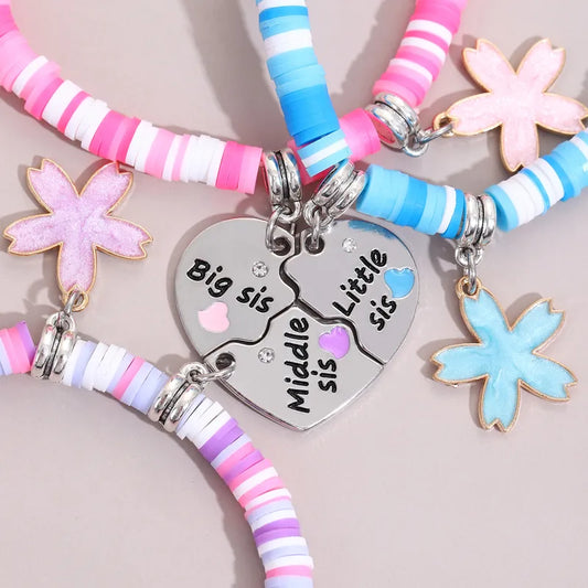 Lot de 3 Bracelet Cordon Réglable - Soeurs - Famille Soeur Filles - Pendentif Coeur