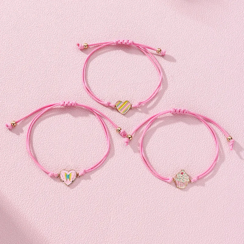 Lot de 3 Bracelets Cordon Réglable avec Carte - Coeur Papillon - Cupcake - Mignon