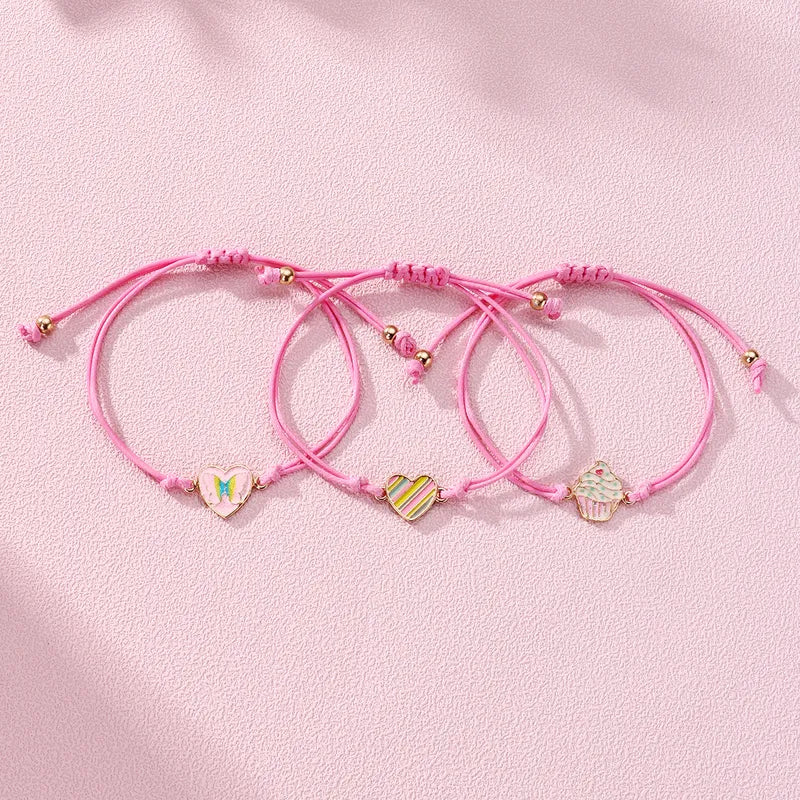 Lot de 3 Bracelets Cordon Réglable avec Carte - Coeur Papillon - Cupcake - Mignon