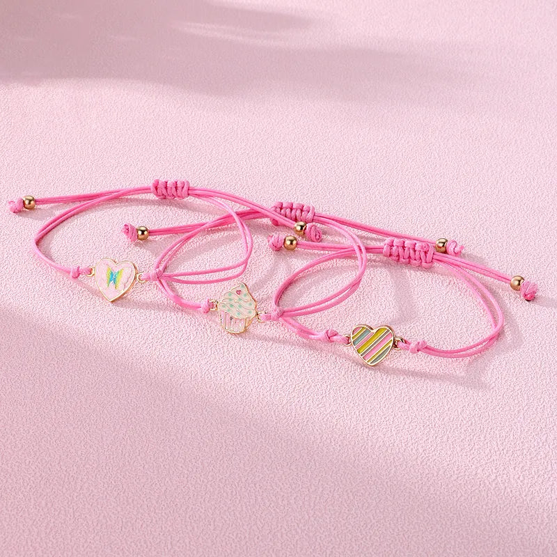 Lot de 3 Bracelets Cordon Réglable avec Carte - Coeur Papillon - Cupcake - Mignon