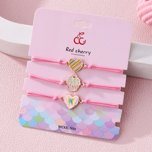 Lot de 3 Bracelets Cordon Réglable avec Carte - Coeur Papillon - Cupcake - Mignon
