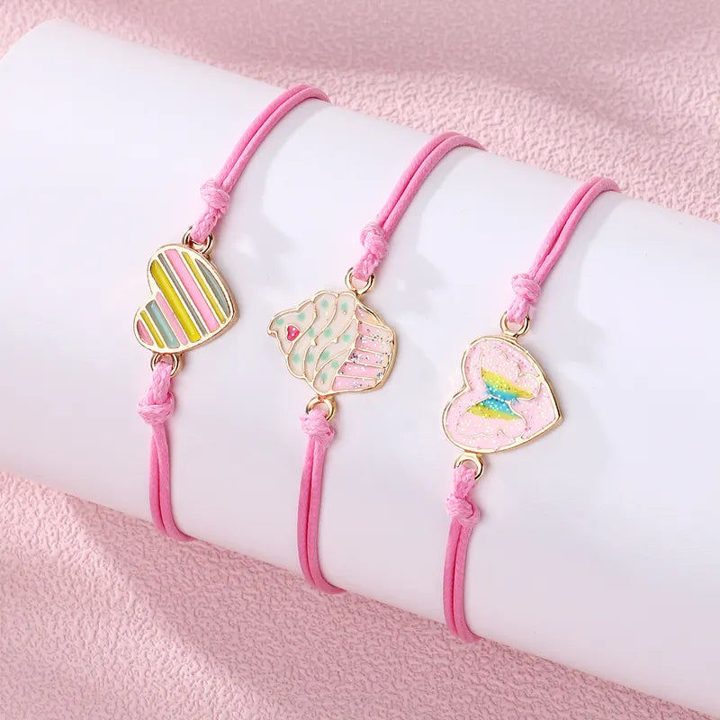 Lot de 3 Bracelets Cordon Réglable avec Carte - Coeur Papillon - Cupcake - Mignon