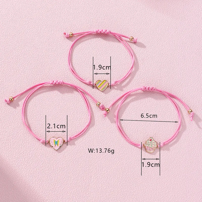 Lot de 3 Bracelets Cordon Réglable avec Carte - Coeur Papillon - Cupcake - Mignon