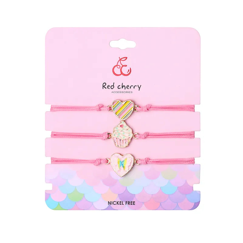 Lot de 3 Bracelets Cordon Réglable avec Carte - Coeur Papillon - Cupcake - Mignon