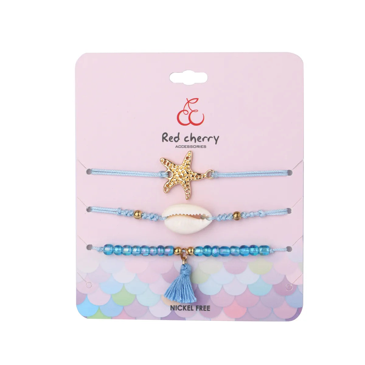 Lot de 3 Bracelets Cordon Réglable avec Carte - Coquillage Arrête de Poisson Perles - Couleurs Pastels - Mignon