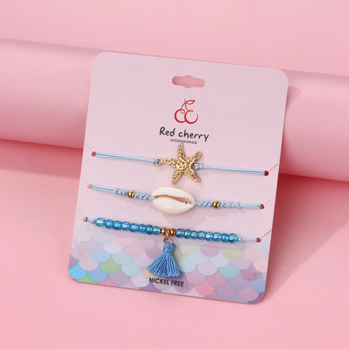 Lot de 3 Bracelets Cordon Réglable avec Carte - Coquillage Arrête de Poisson Perles - Couleurs Pastels - Mignon
