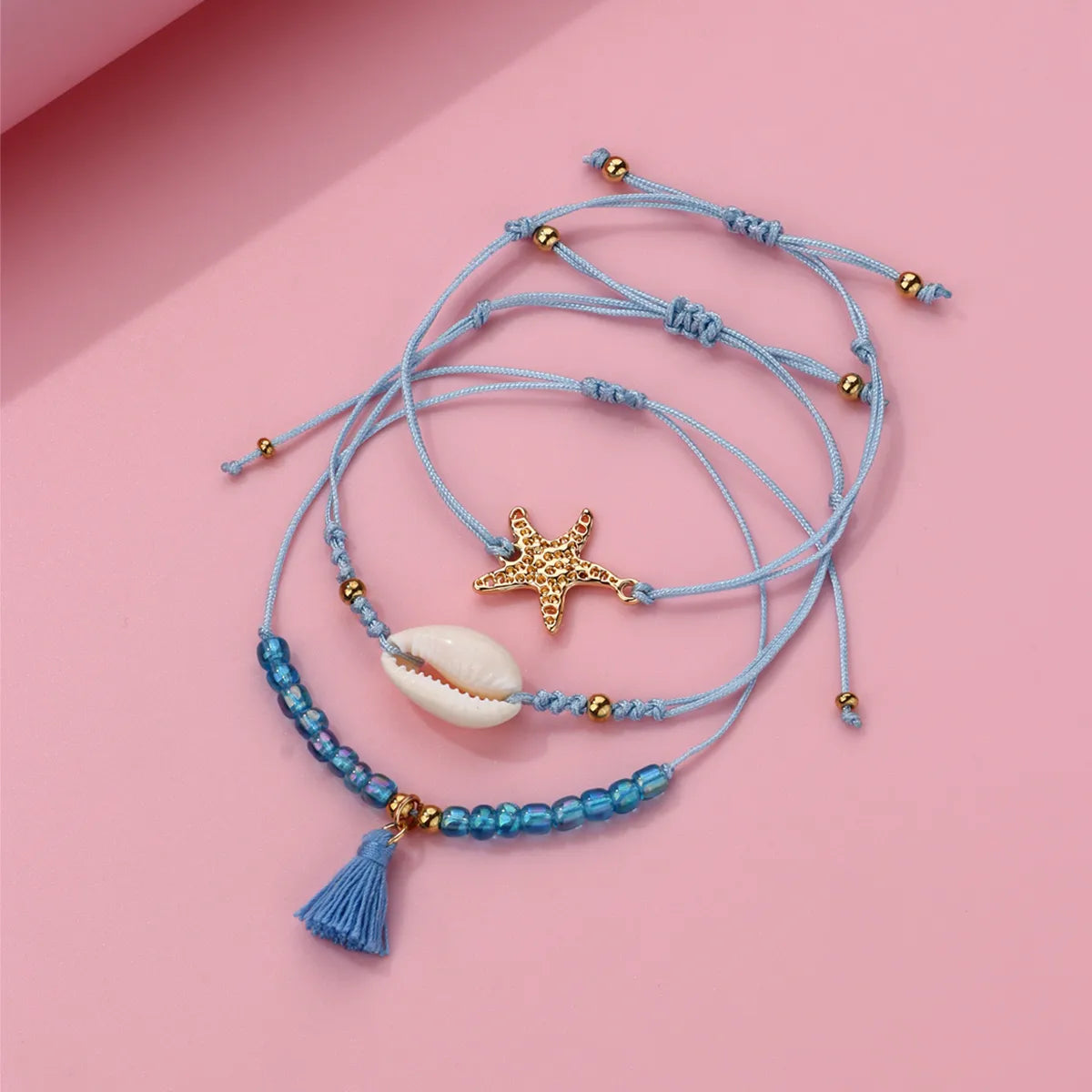 Lot de 3 Bracelets Cordon Réglable avec Carte - Coquillage Arrête de Poisson Perles - Couleurs Pastels - Mignon