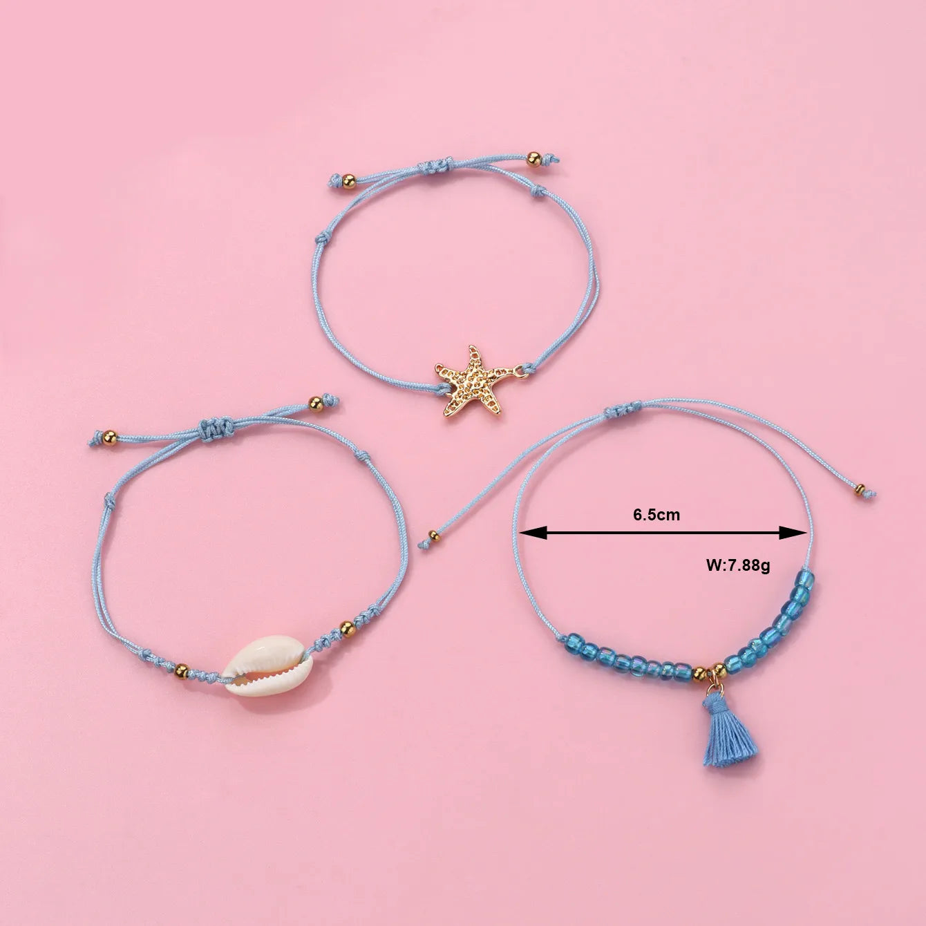 Lot de 3 Bracelets Cordon Réglable avec Carte - Coquillage Arrête de Poisson Perles - Couleurs Pastels - Mignon