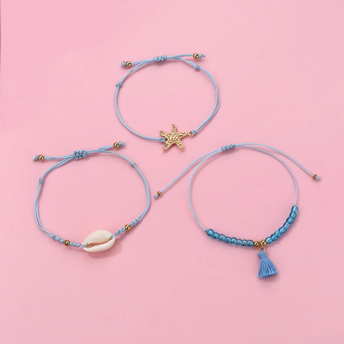 Lot de 3 Bracelets Cordon Réglable avec Carte - Coquillage Arrête de Poisson Perles - Couleurs Pastels - Mignon